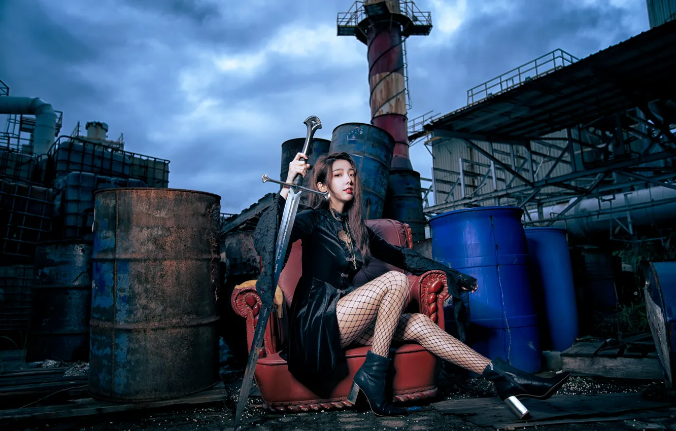 Photo wallpaper style, look, background, the evening, girl, sword