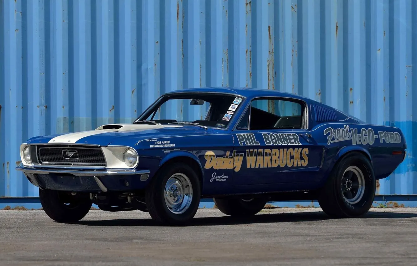 Photo wallpaper Ford Mustang, Blue, Fastback, 1968, Race car, Cobra Jet