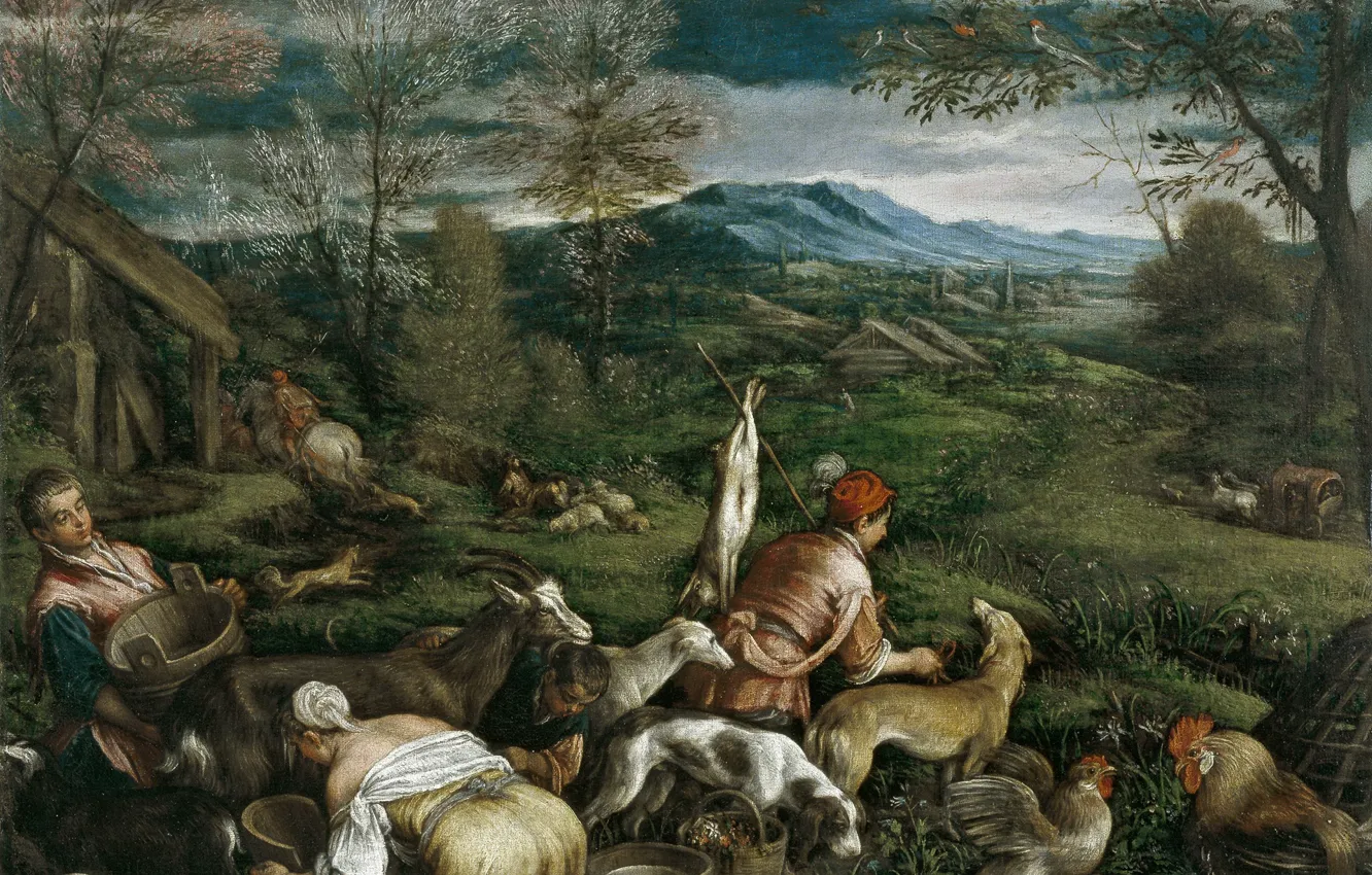 Photo wallpaper landscape, mountains, animal, people, picture, spring, genre, Francesco Bassano