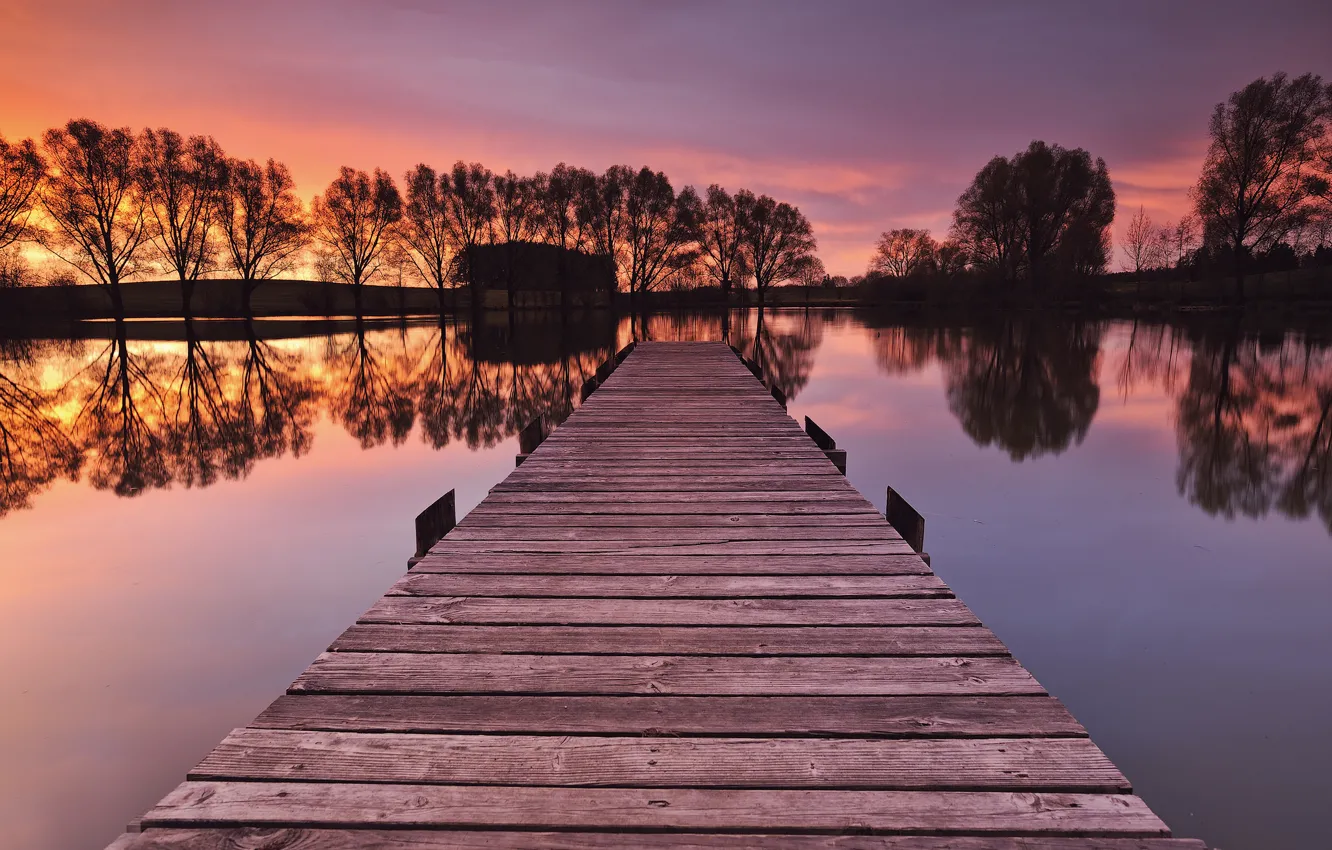 Photo wallpaper the sky, trees, sunset, reflection, river, shore, the evening, Germany