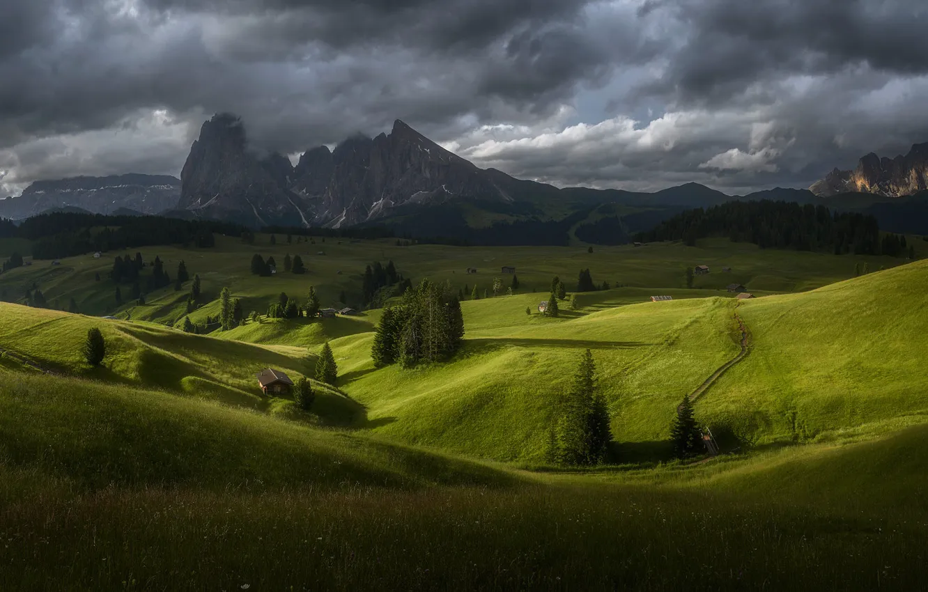 Photo wallpaper field, house, Alps, mountains, greens, hills, forest