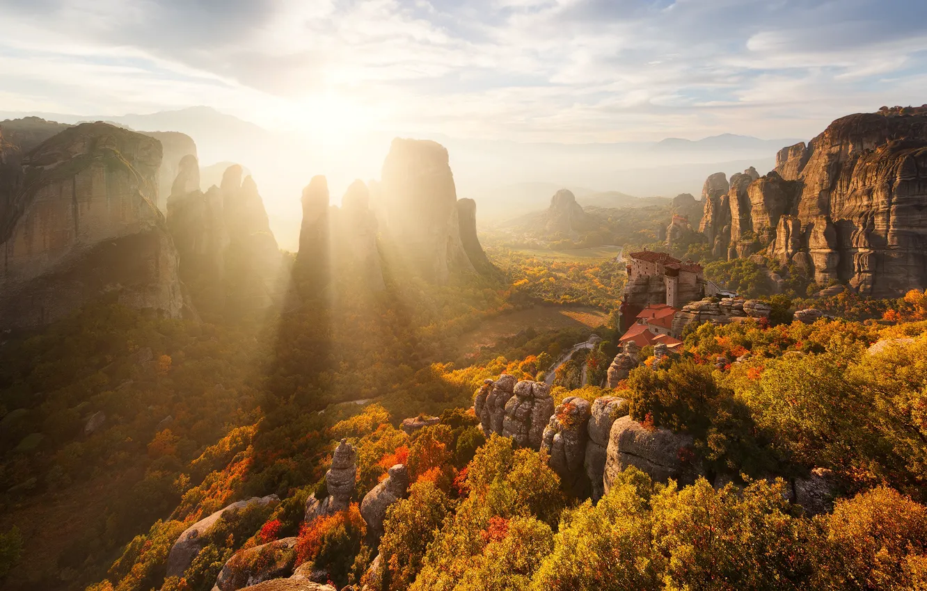 Photo wallpaper autumn, the sun, light, mountains, rocks, meteor, Greece