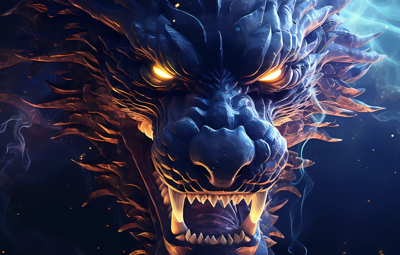Photo wallpaper the sky, look, blue, lights, dragon, fantasy, mouth, fangs
