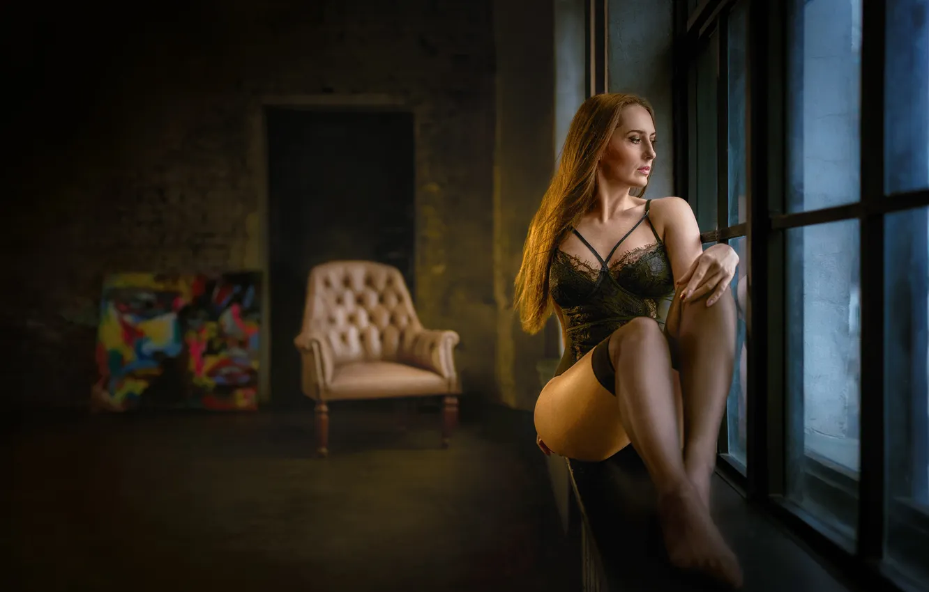 Photo wallpaper girl, pose, stockings, window, legs, long hair, body, on the windowsill