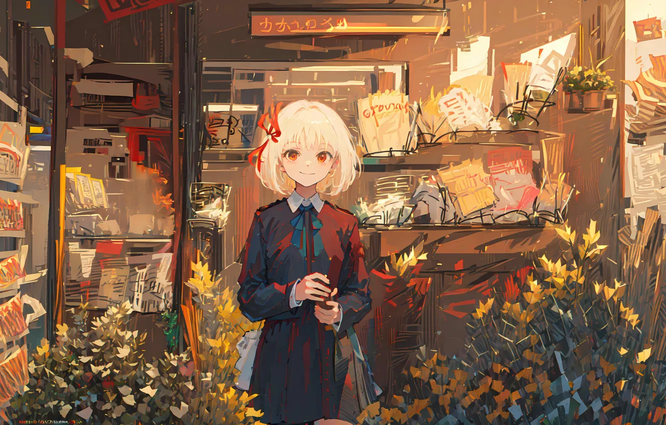 Photo wallpaper anime, white hair, anime, the animated series, little girl, flower shop, animated series, Lycoris Recoil