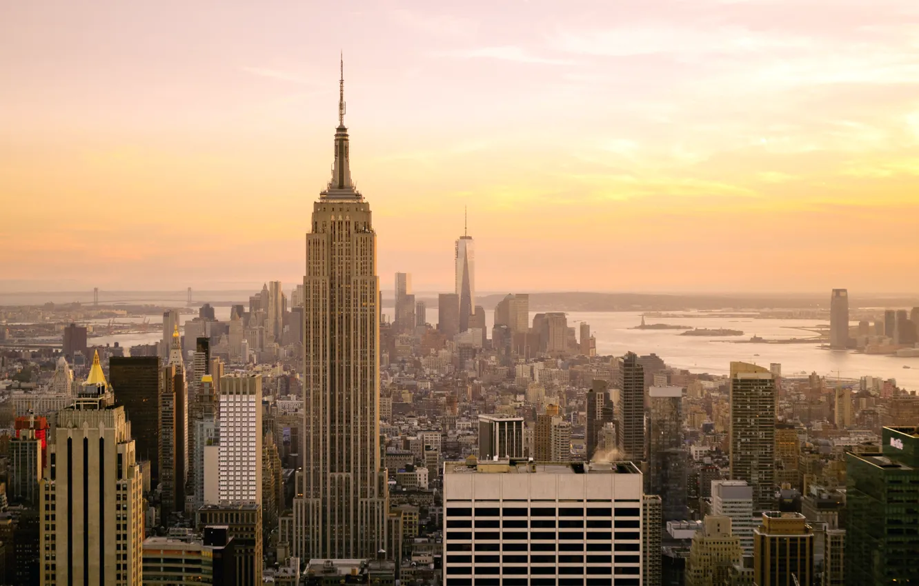 Photo wallpaper USA, skyline, sunset, Manhattan, NYC, New York City, america, Empire State Building