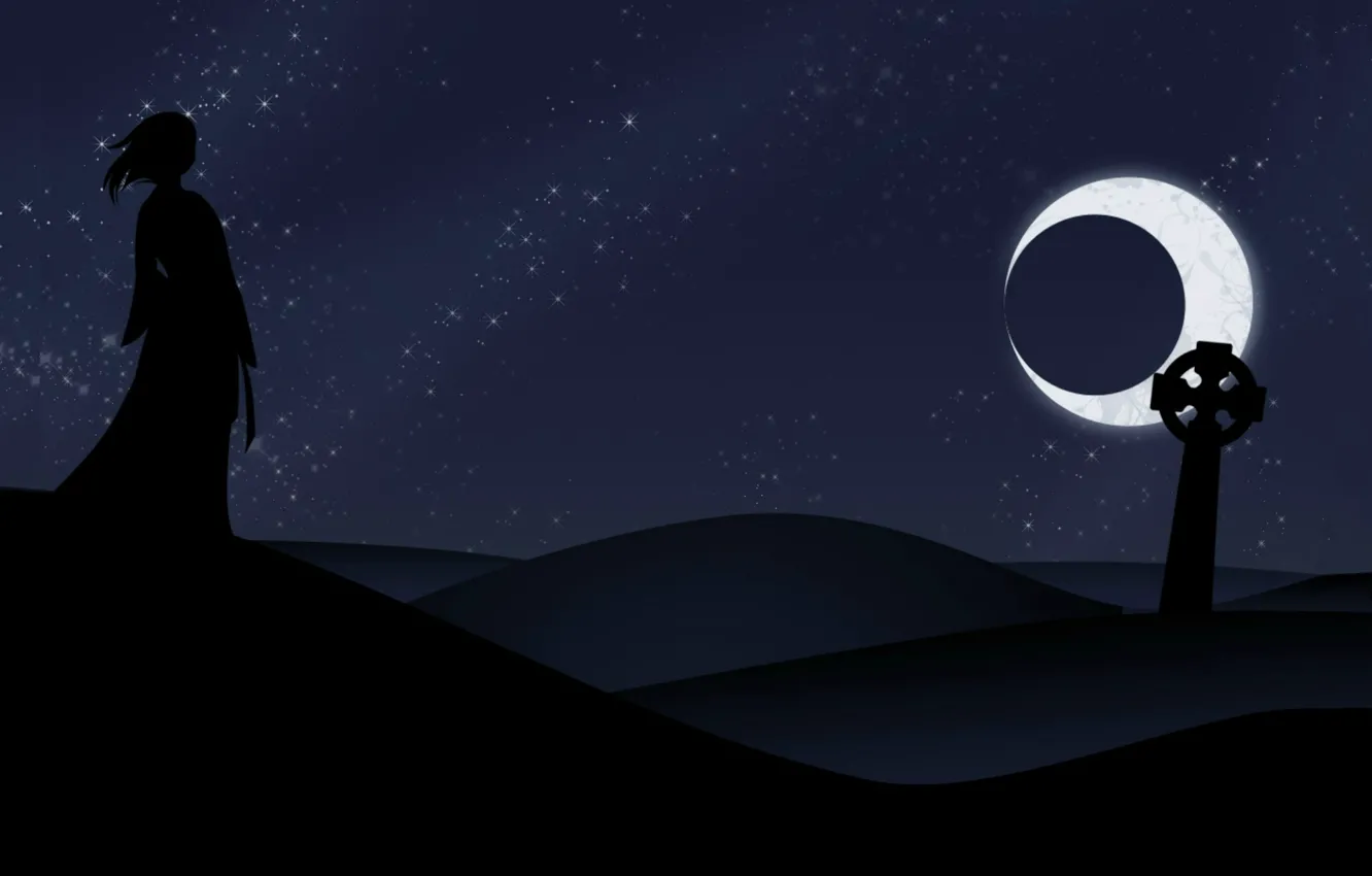 Photo wallpaper night, loneliness, black, desert, silhouette, Eclipse, headstone, black Moon
