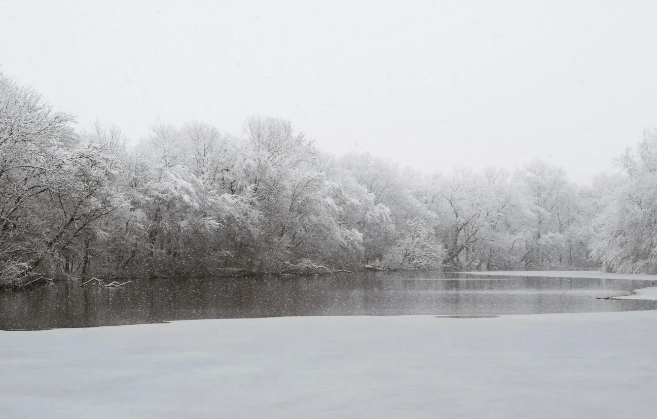 Photo wallpaper river, trees, winter, snowing