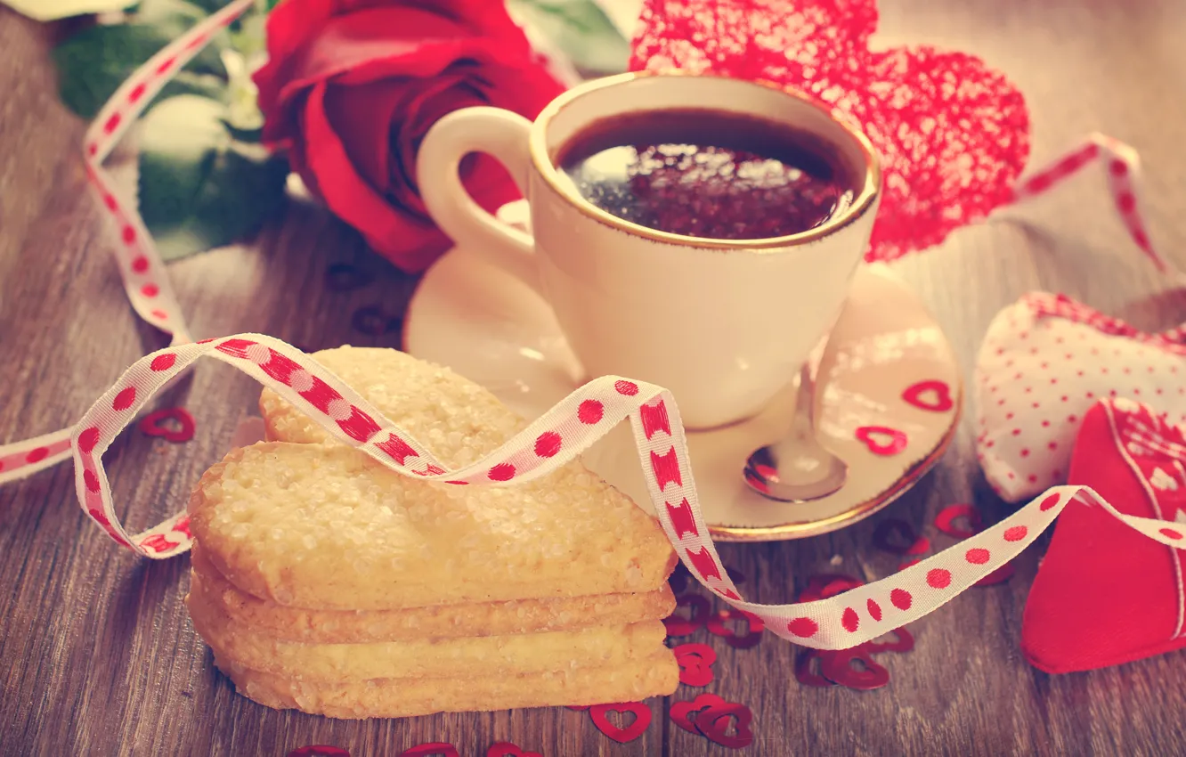 Photo wallpaper rose, coffee, cookies, tape, heart, valentine's day