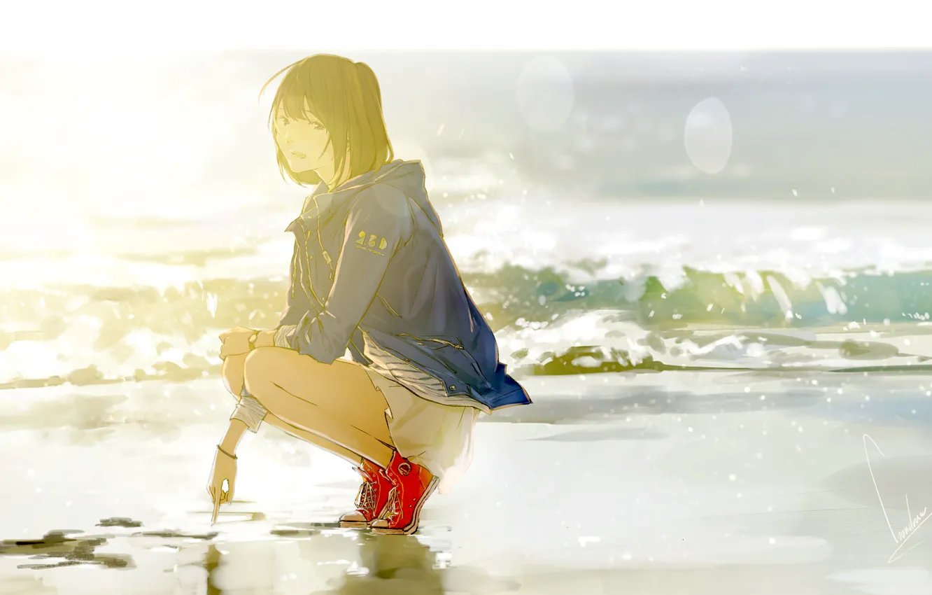 Photo wallpaper sea, look, girl, rays, squirt, shore, anime