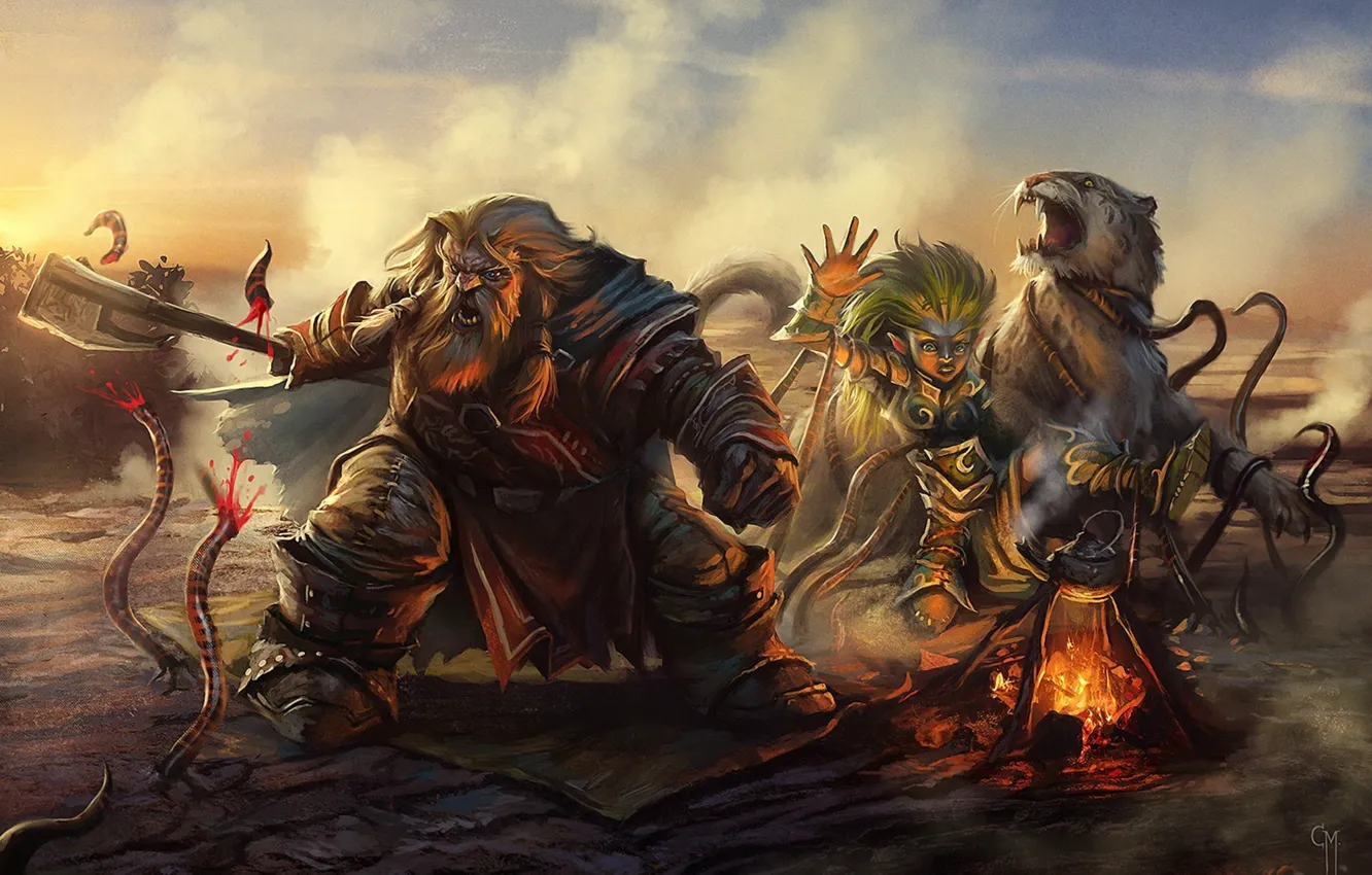 Photo wallpaper cat, girl, tiger, smoke, the fire, art, attack, dwarf