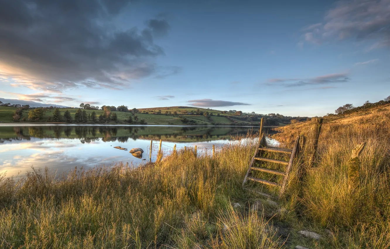 Photo wallpaper grass, sky, cloud, lake, hills