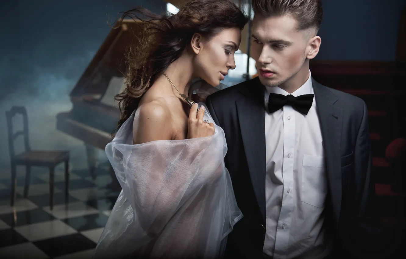 Photo wallpaper look, girl, the wind, piano, chair, ladder, fabric, profile