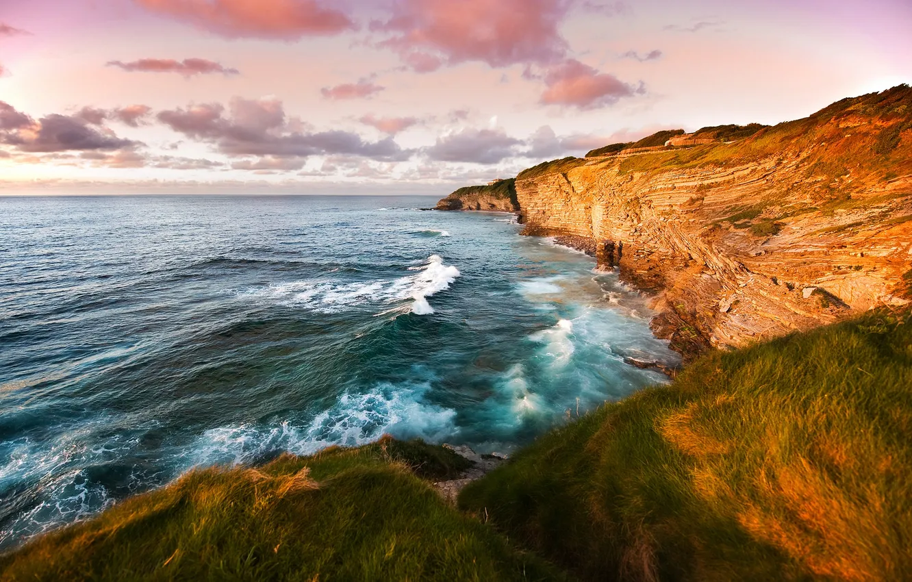 Photo wallpaper sea, the sky, grass, water, landscape, mountains, photo, the ocean