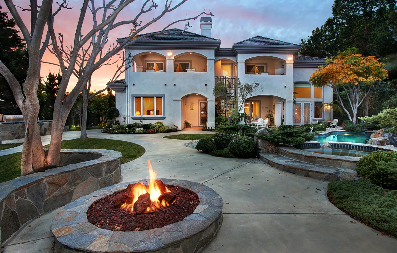 Photo wallpaper night, the city, house, photo, fire, lawn, pool, USA