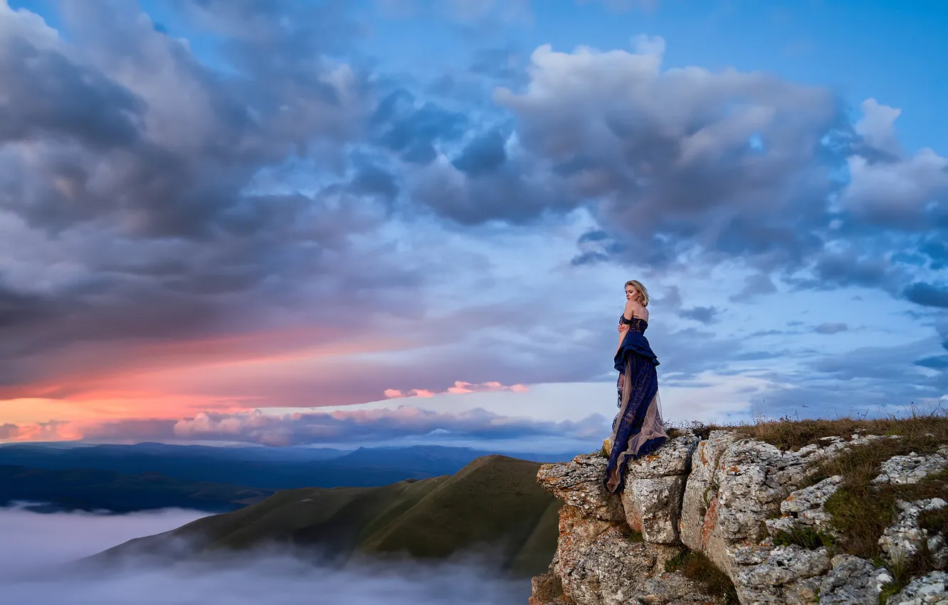 Photo wallpaper girl, mountains, nature, pose, the situation, Mike Naumenko