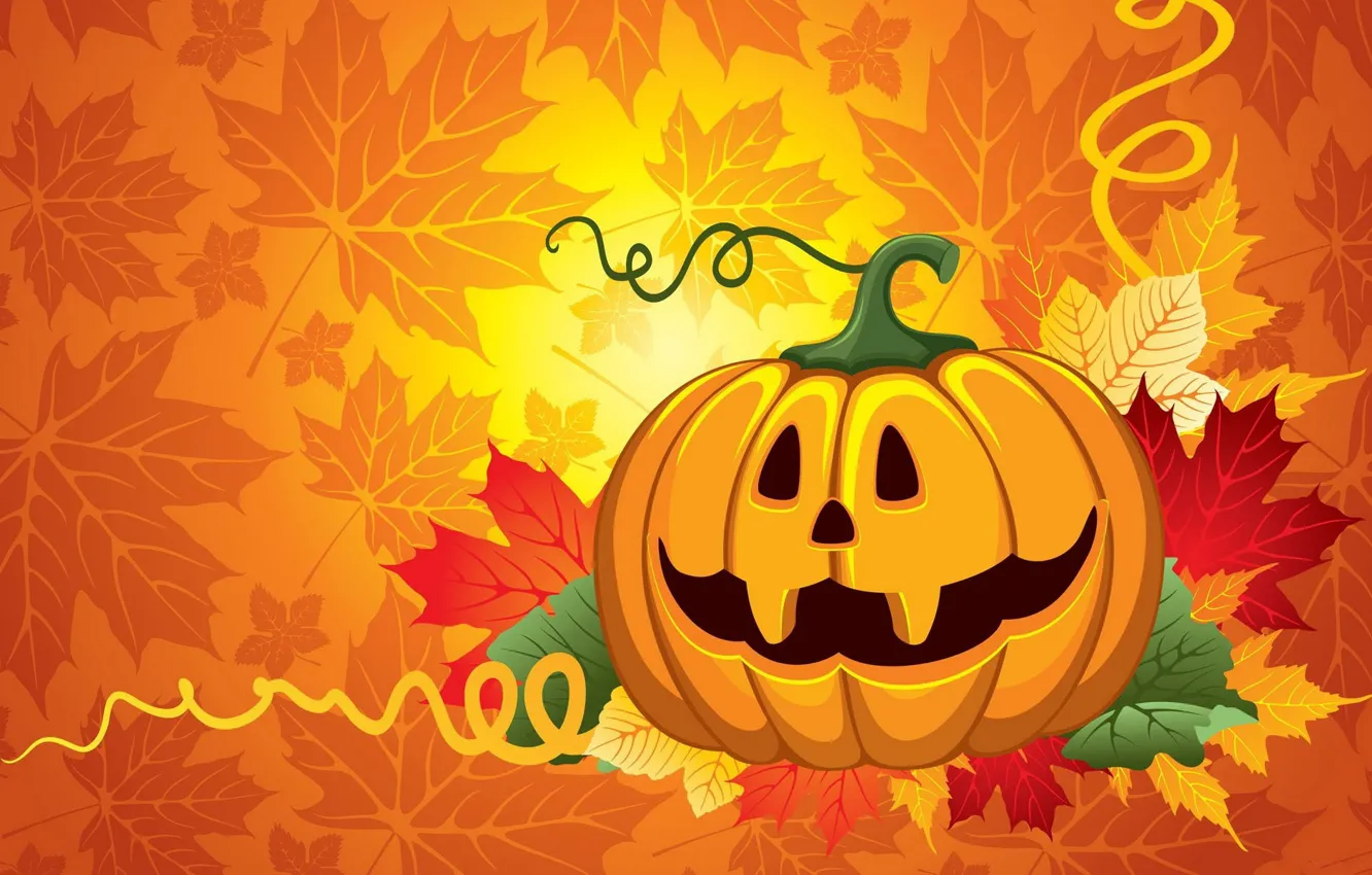 Photo wallpaper leaves, pumpkin, Halloween, halloween