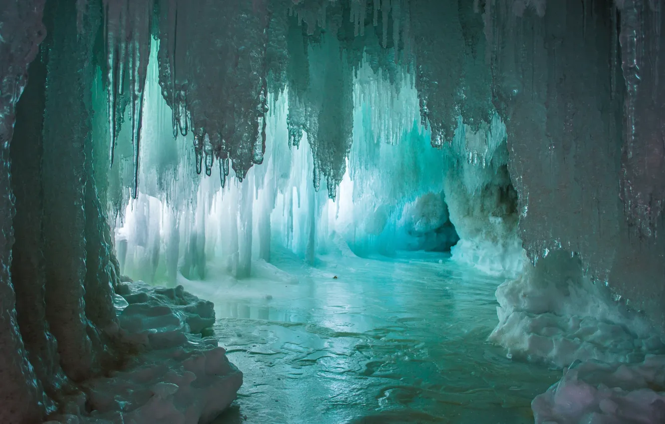 Photo wallpaper ice, water, lake, light, cave, ice, water, lake