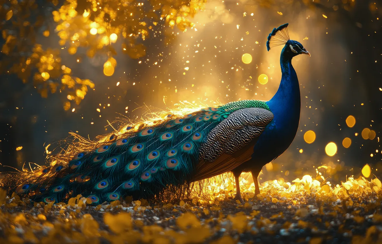 Photo wallpaper light, nature, bird, glade, foliage, feathers, tail, peacock