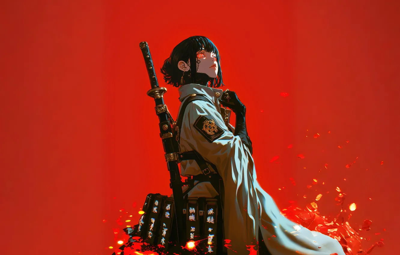 Photo wallpaper red eyes, katana, anime girls, simple background, red background, white clothing, lone figure, AI Art