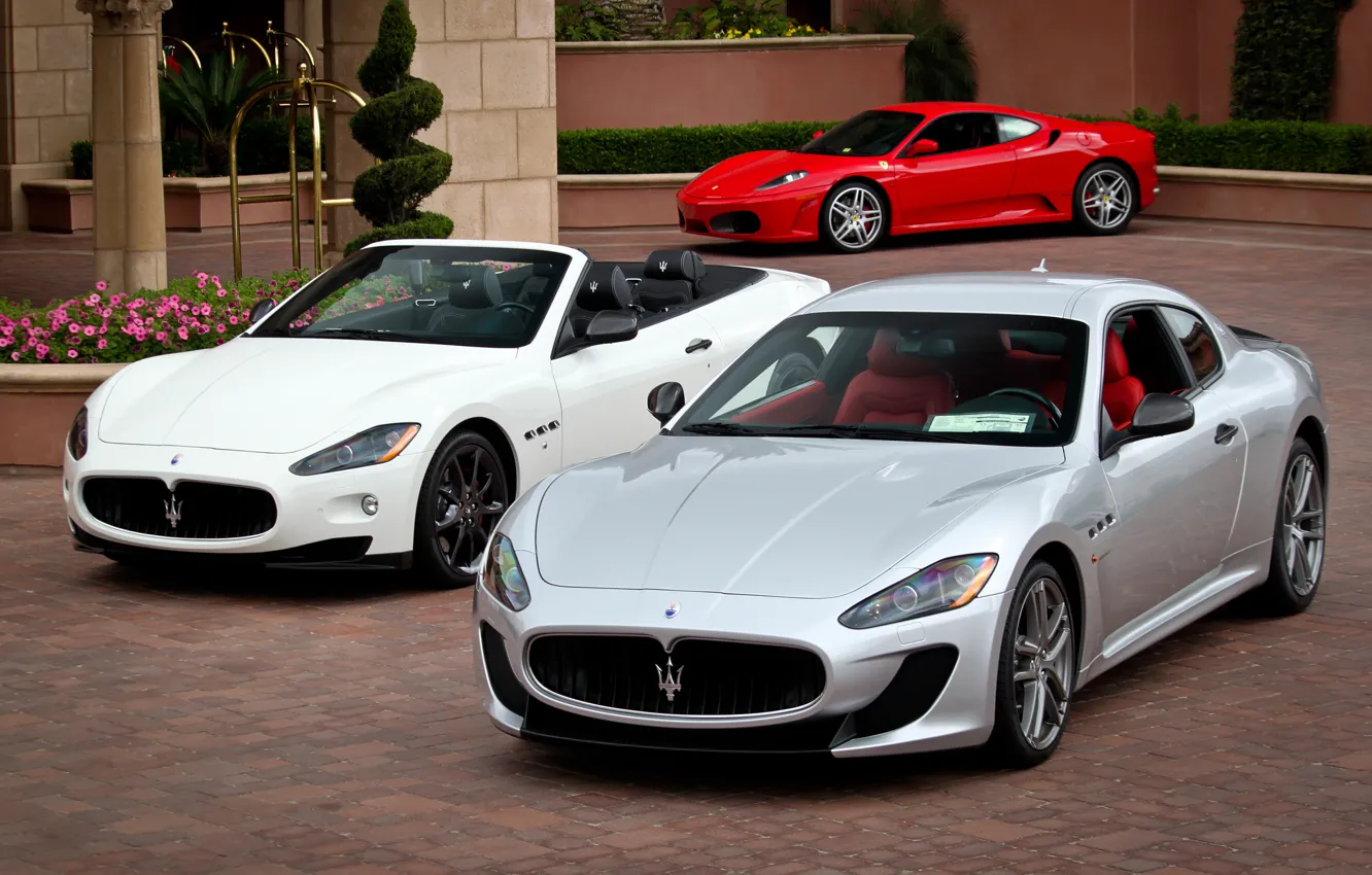Photo wallpaper white, grass, flowers, red, grey, Maserati, silver, red