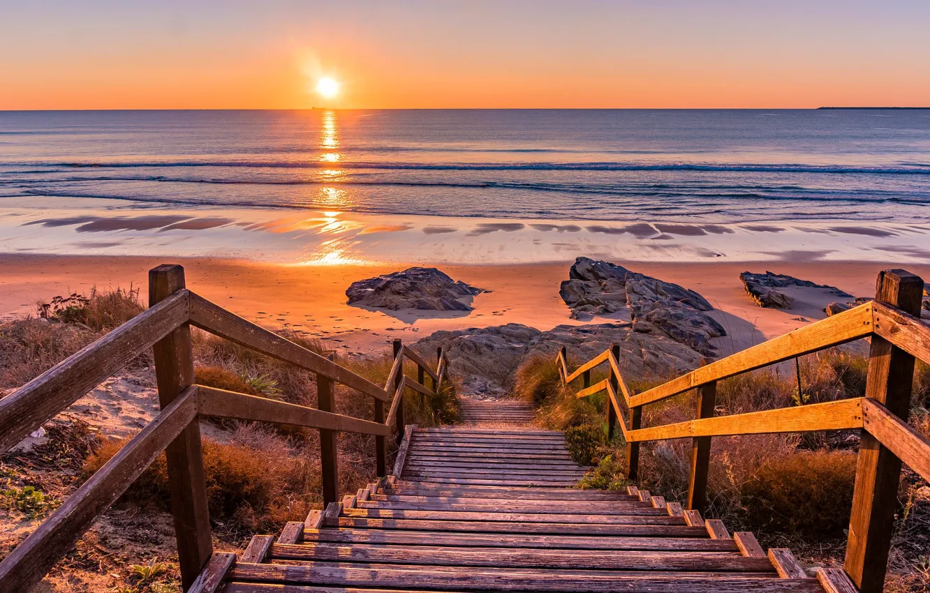 Photo wallpaper horizon, ladder, sunset, sea shore