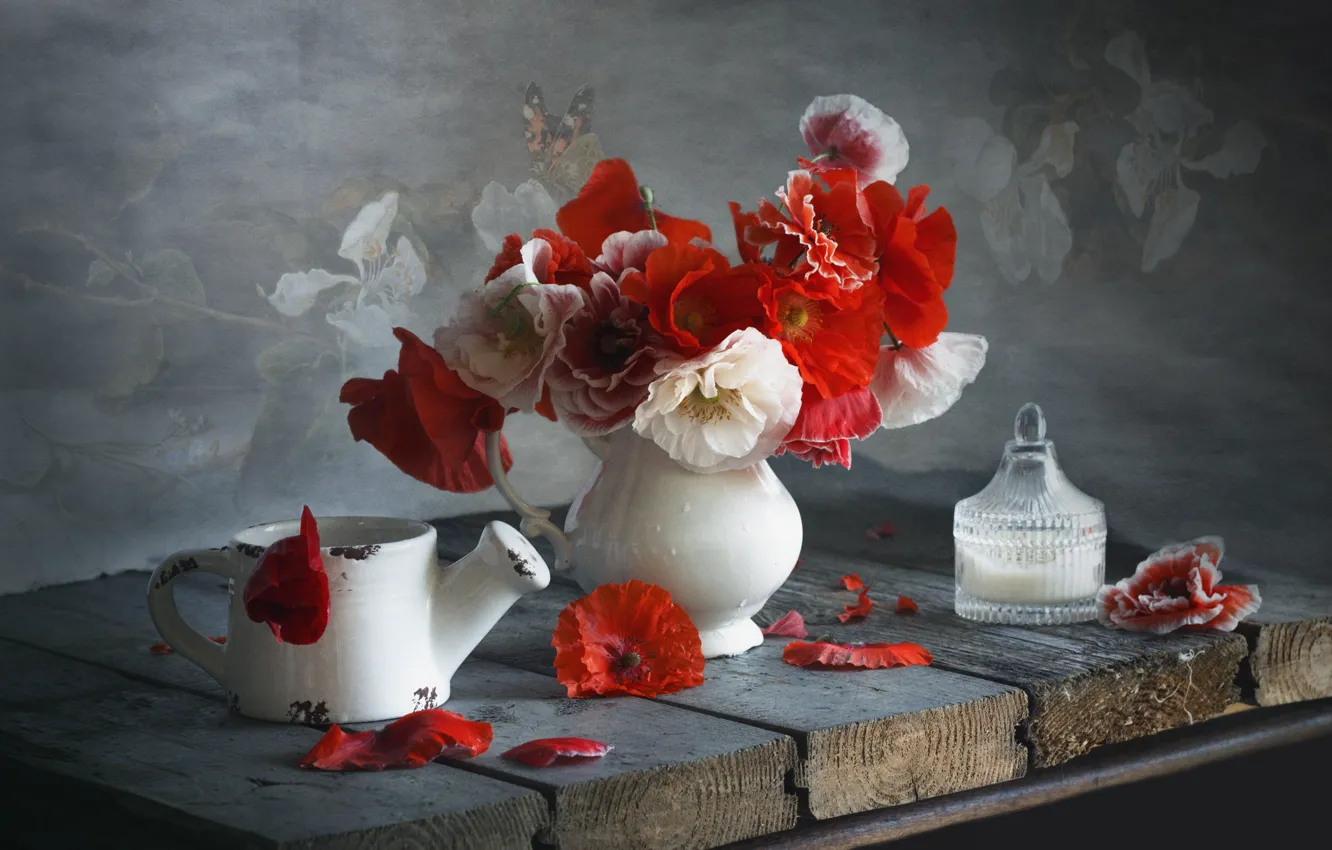 Photo wallpaper flowers, red, Board, Maki, bouquet, vase, lake, white