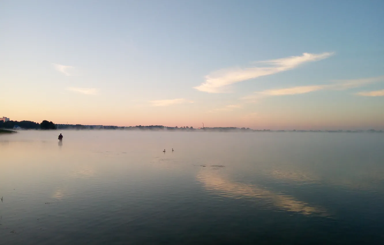 Photo wallpaper the sky, lake, duck, fisherman