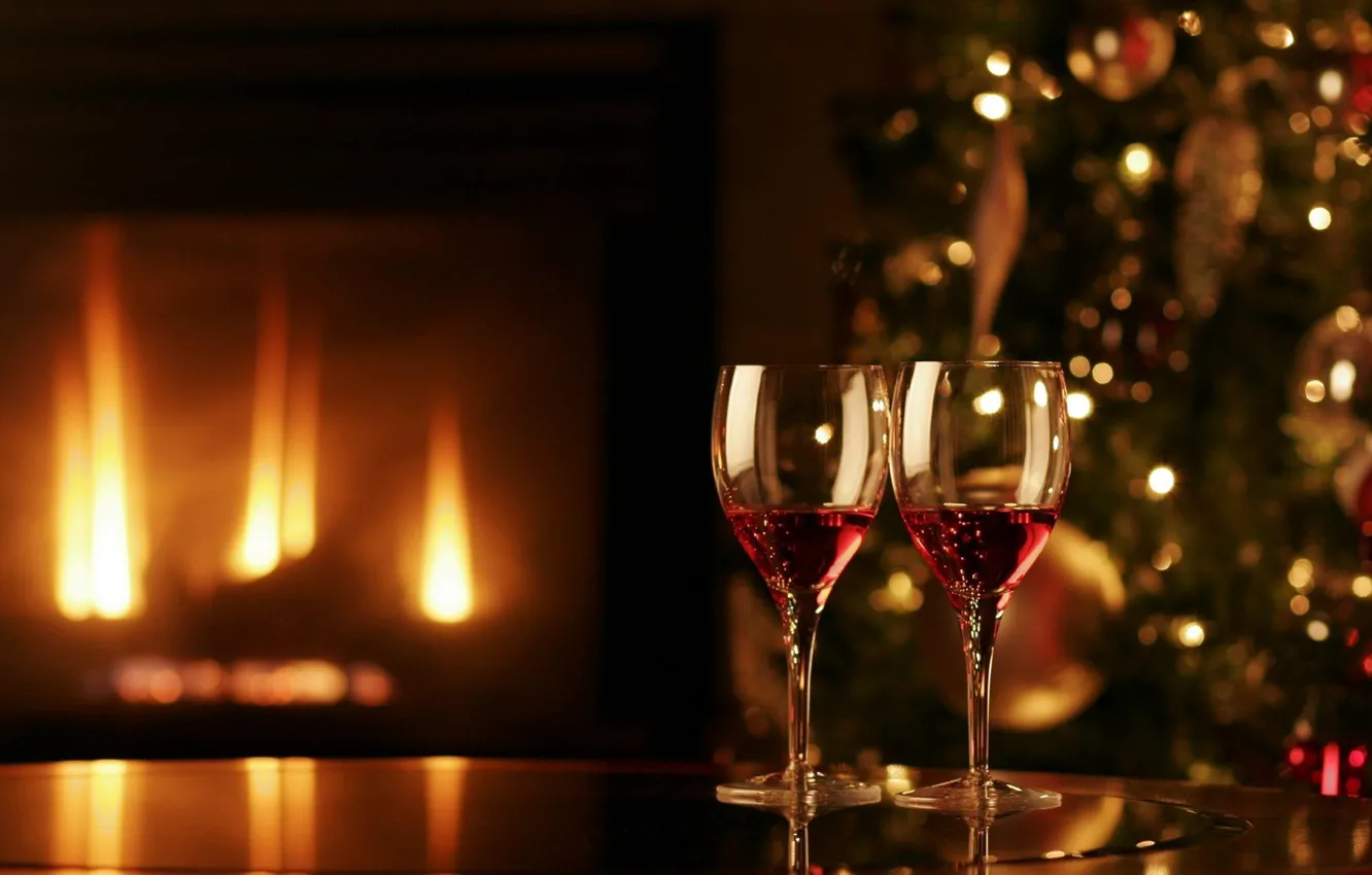 Photo wallpaper comfort, fire, holiday, tree, glasses, fireplace