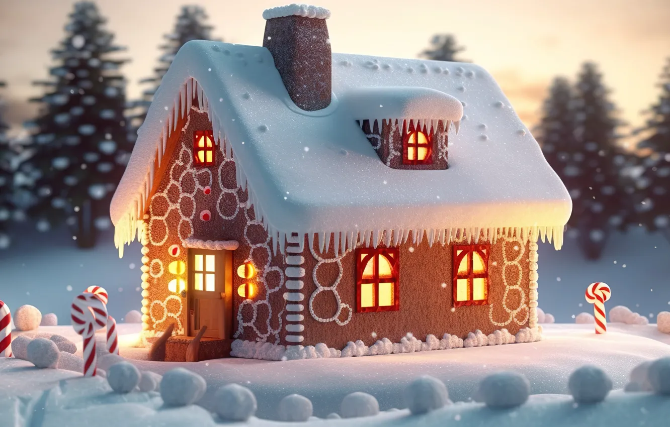 Photo wallpaper snow, New Year, Christmas, house, new year, happy, Christmas, winter