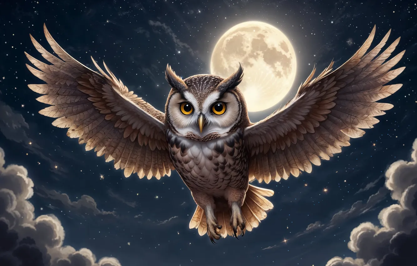 Photo wallpaper flight, night, owl, the moon, wings, digital art, AI art, The Art of Artificial Intelligence