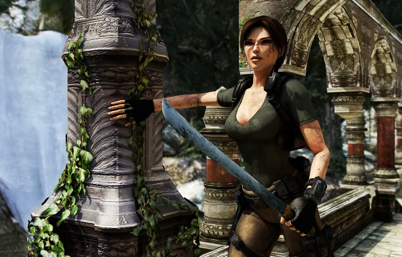 Photo wallpaper girl, nature, fiction, sword, columns, Tomb Raider, Lara Croft, Pajic
