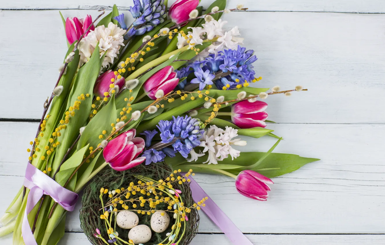 Photo wallpaper flowers, bouquet, Easter, tulips, pink, flowers, tulips, purple