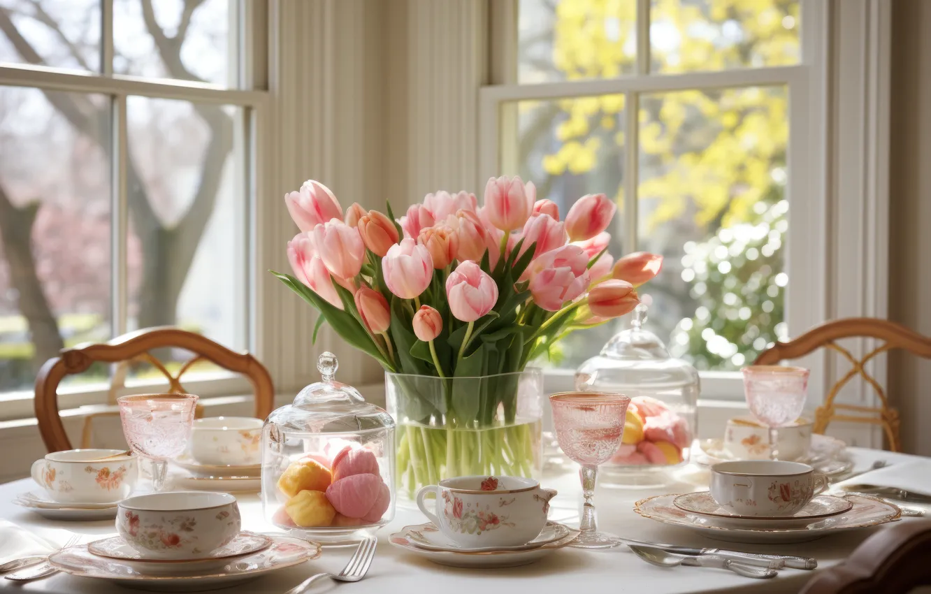 Photo wallpaper flowers, universal holiday background, holiday, bouquet, AI art, March 8, tulips, spring