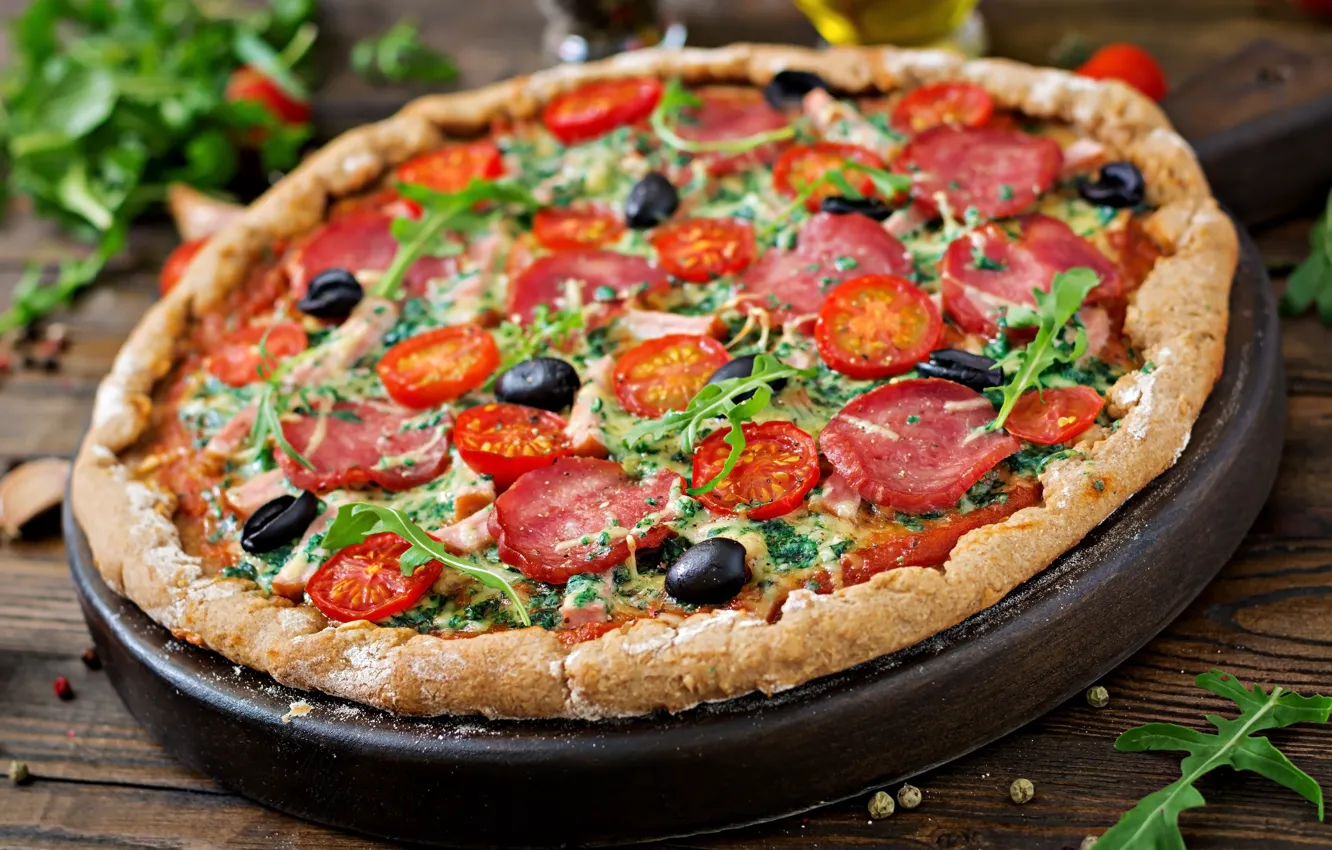 Photo wallpaper greens, Board, food, meat, pepper, placer, pizza, tomatoes