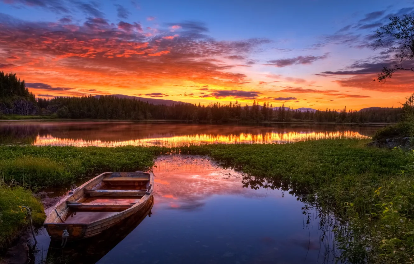 Photo wallpaper sunset, lake, boat