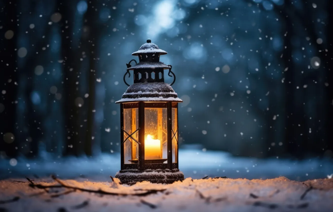 Photo wallpaper winter, snow, night, new year, Christmas, lights, Christmas, night
