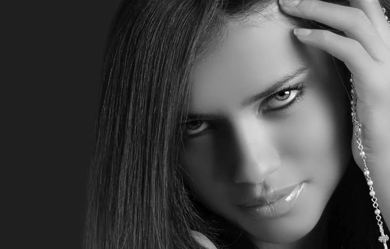 Photo wallpaper look, girl, face, model, Adriana Lima, Adriana Lima, black and white