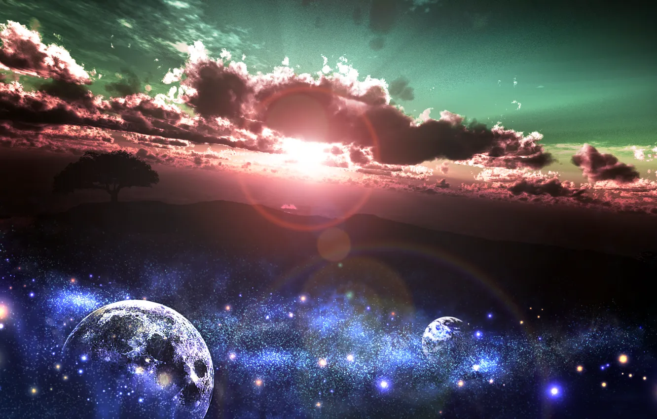 Photo wallpaper the sky, the sun, stars, clouds, sunset, nature, tree, earth