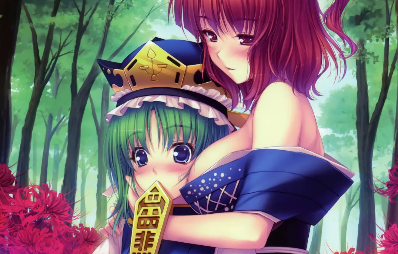 Photo wallpaper forest, chest, girl, flowers, smile, mood, holiday, hugs