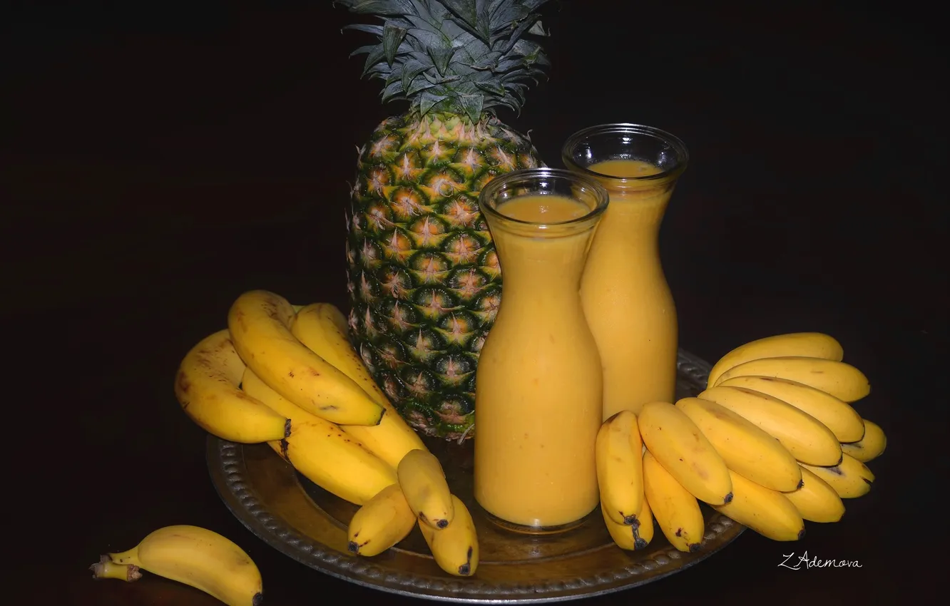 Photo wallpaper yellow, juice, bananas, fruit, pineapple
