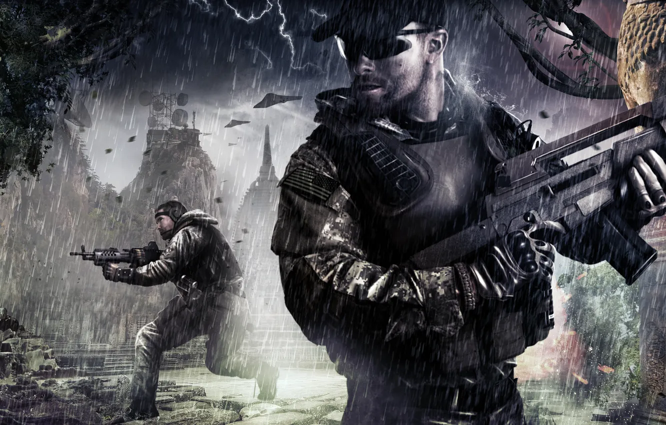 Photo wallpaper rain, art, soldiers, war, Call of Duty: Black Ops 2