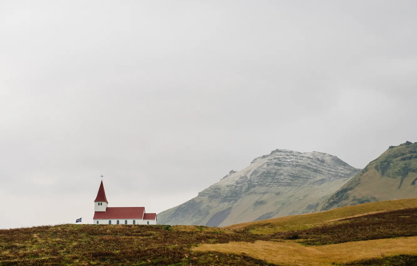 Photo wallpaper field, mountains, loneliness, home, valley, Church