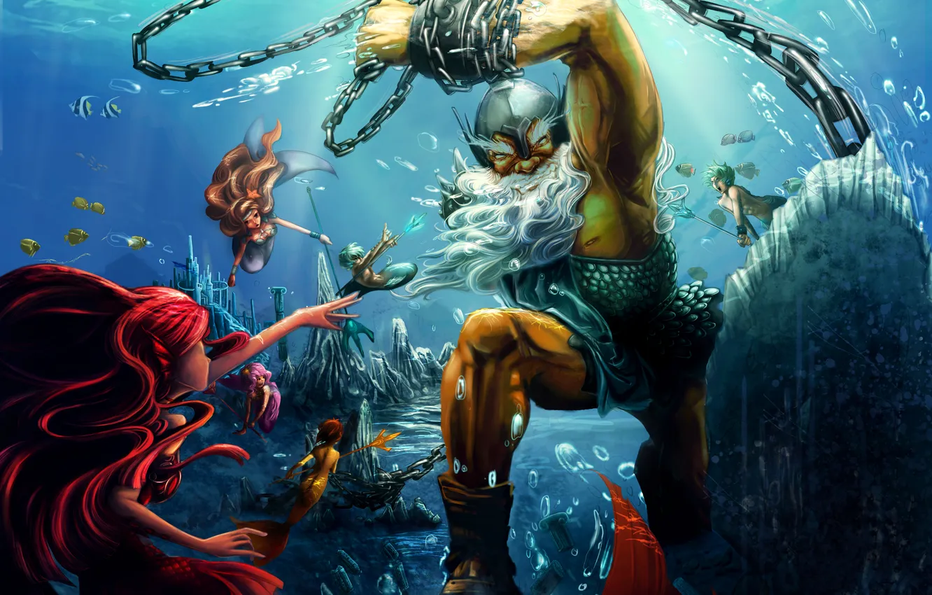 Photo wallpaper mermaid, chain, under water, Poseidon