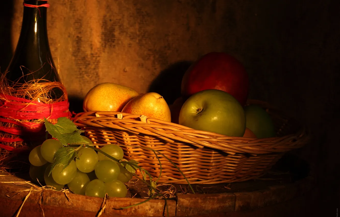 Photo wallpaper apples, bottle, grapes, pear