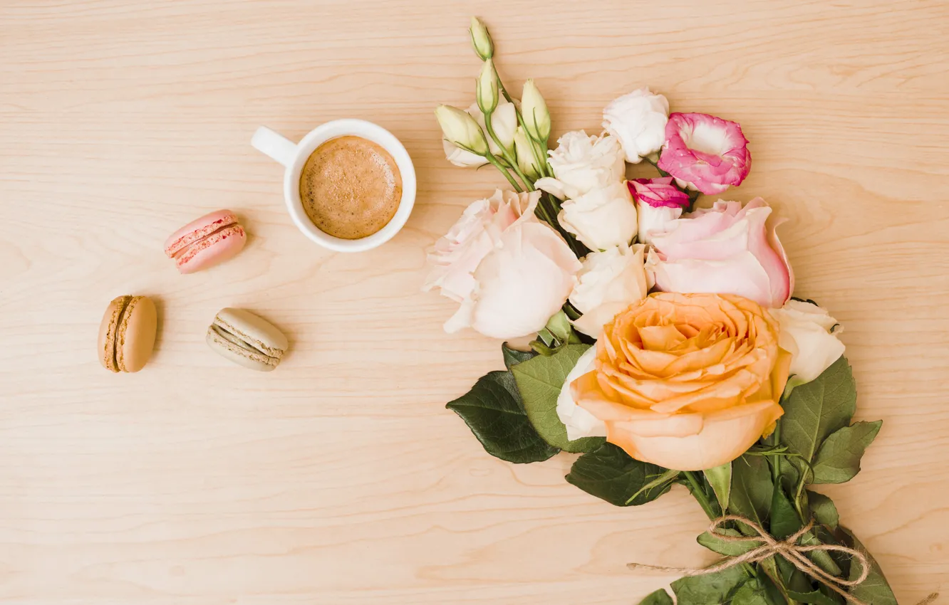 Photo wallpaper roses, bouquet, Rose, cup, coffee, bouquet, eustoma, macaroons
