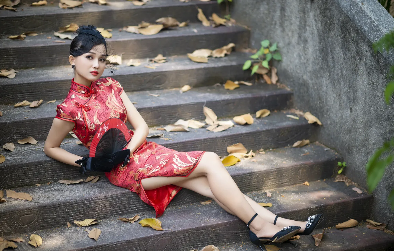 Photo wallpaper girl, nature, fan, ladder, Asian