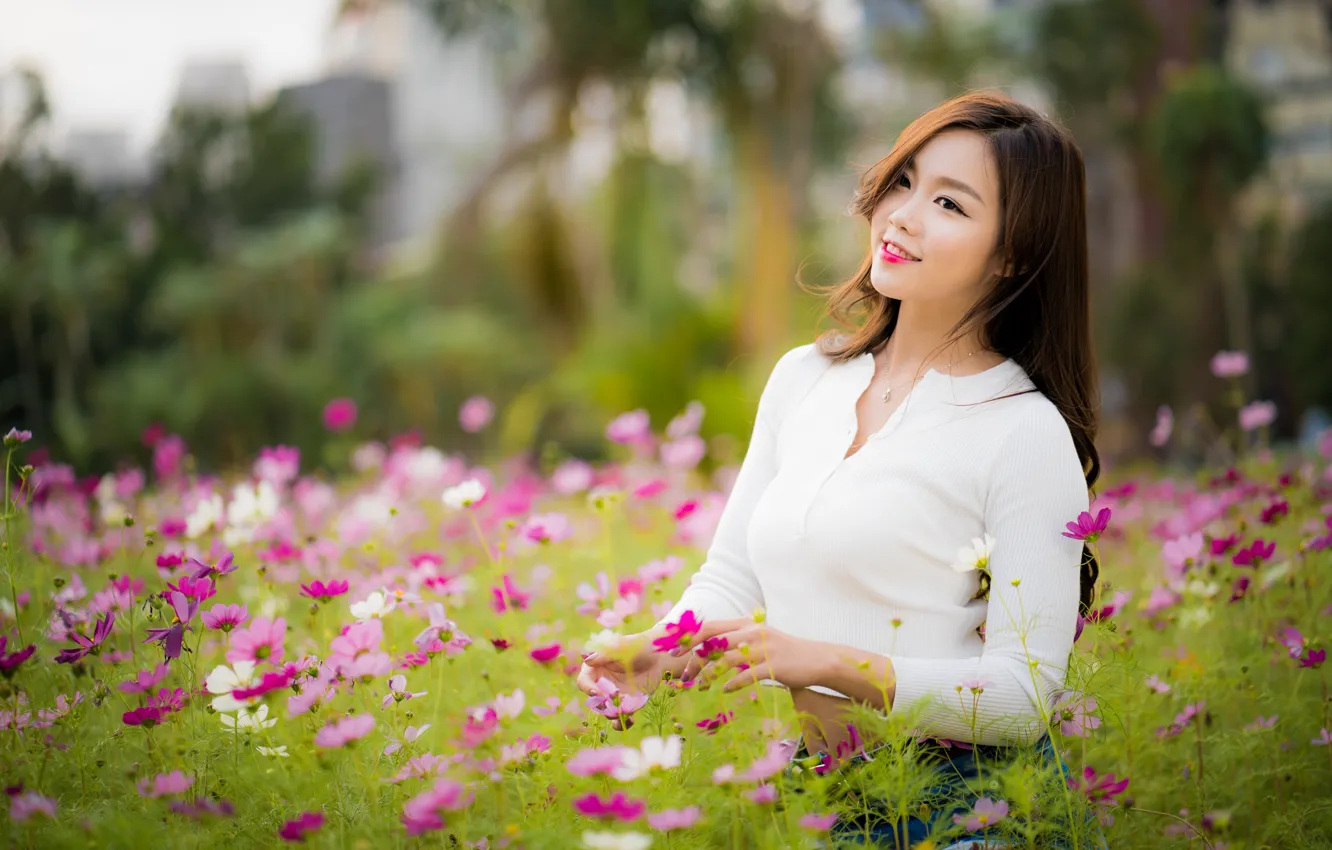 Photo wallpaper girl, flowers, Asian, bokeh
