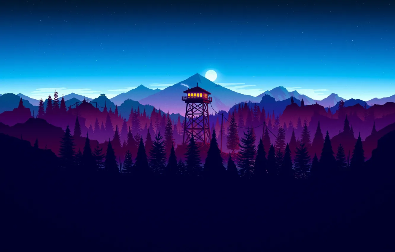 Photo wallpaper moon, game, forest, sky, night, cloud, kumo, Firewatch