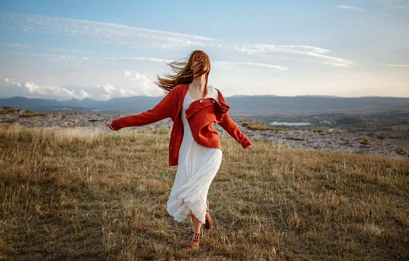 Photo wallpaper girl, pose, mood, dress, jacket, nature, George Chernyadev, Victoria Ageeva